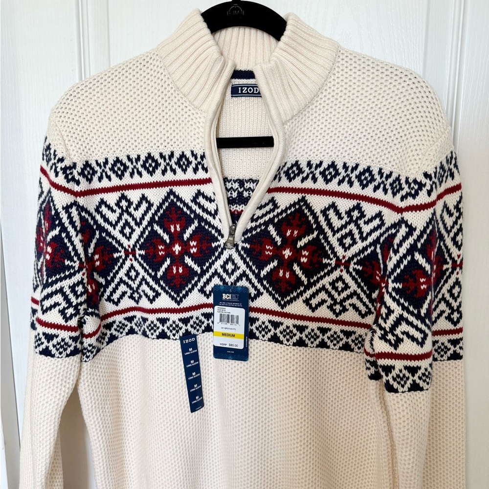 Izod Men's Zip Up Sweater in Cream with Red and Black Design - Picture 2 of 4